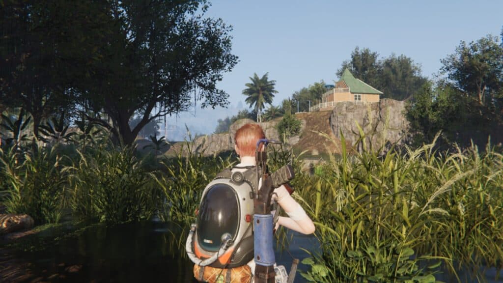 The player walks through a marsh, gun raised, in Once Human