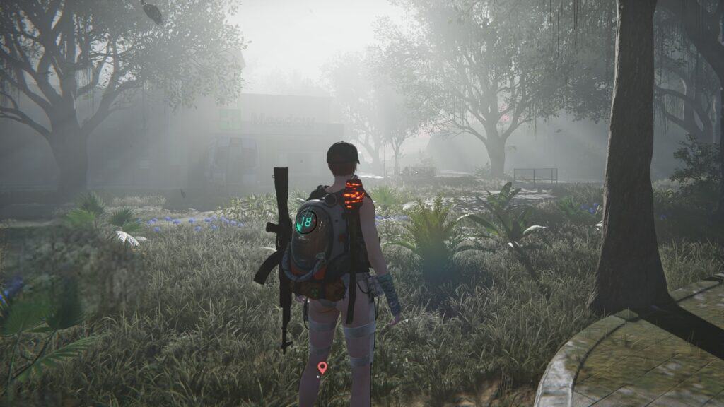 The player walks through an overgrown town in Once Human