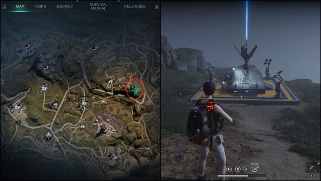 The map location and a close-up view of a tower used to change worlds