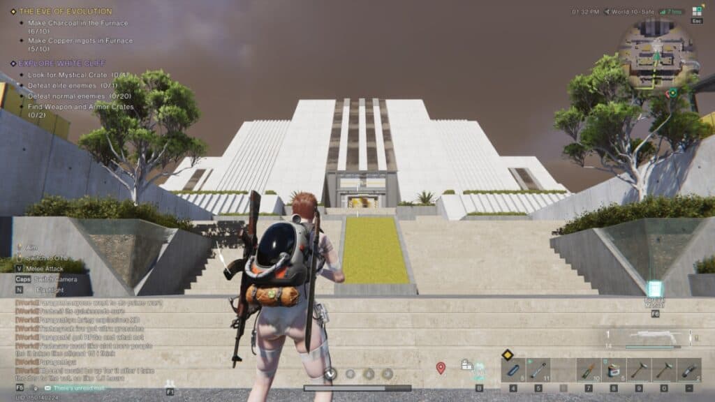 The player climbs the steps toward the main building in White Cliff