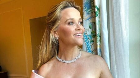 Reese Witherspoon in an off-shoulder dress.