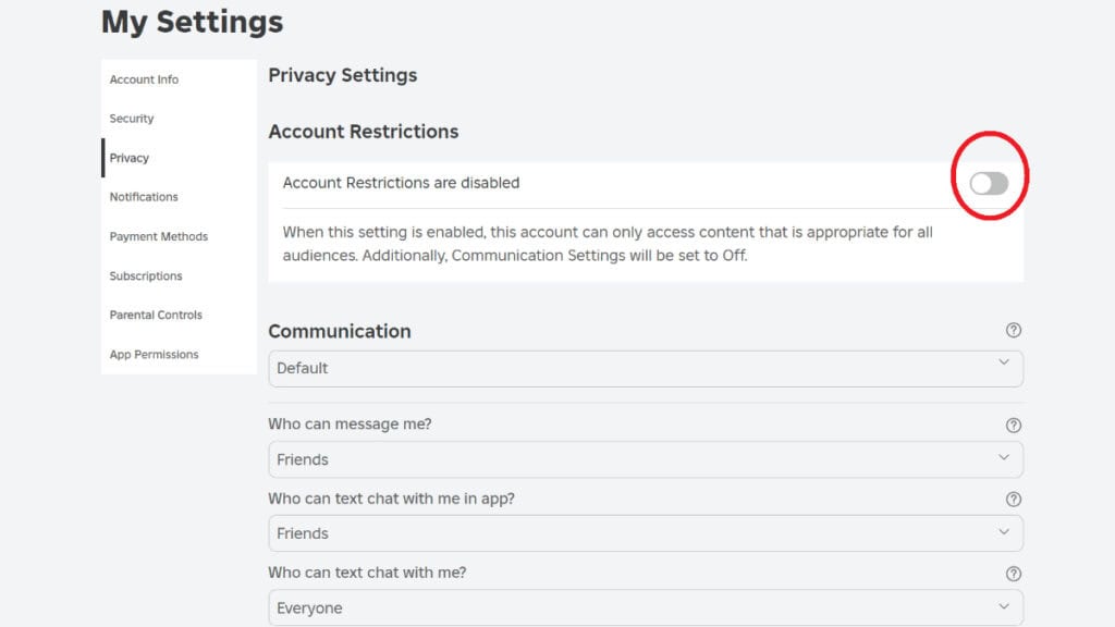 The Account Restrictions toggle in Roblox