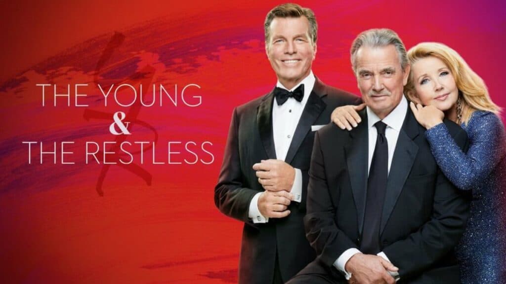 Logo for the soap opera The Young and the Restless featuring Peter Bergman, Eric Braeden, and Melody Thomas Scott.