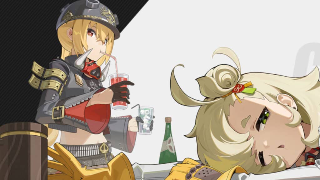 Two characters from Zenless Zone Zero relax with some drinks