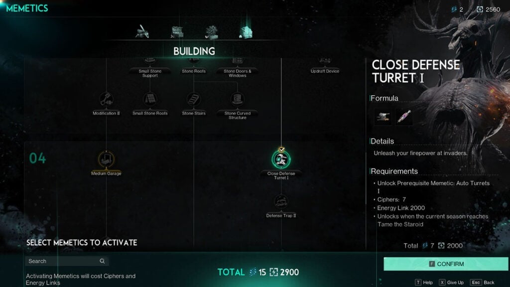 The Memetics tree showing the technology required to get a Gatling Cannon in Once Human