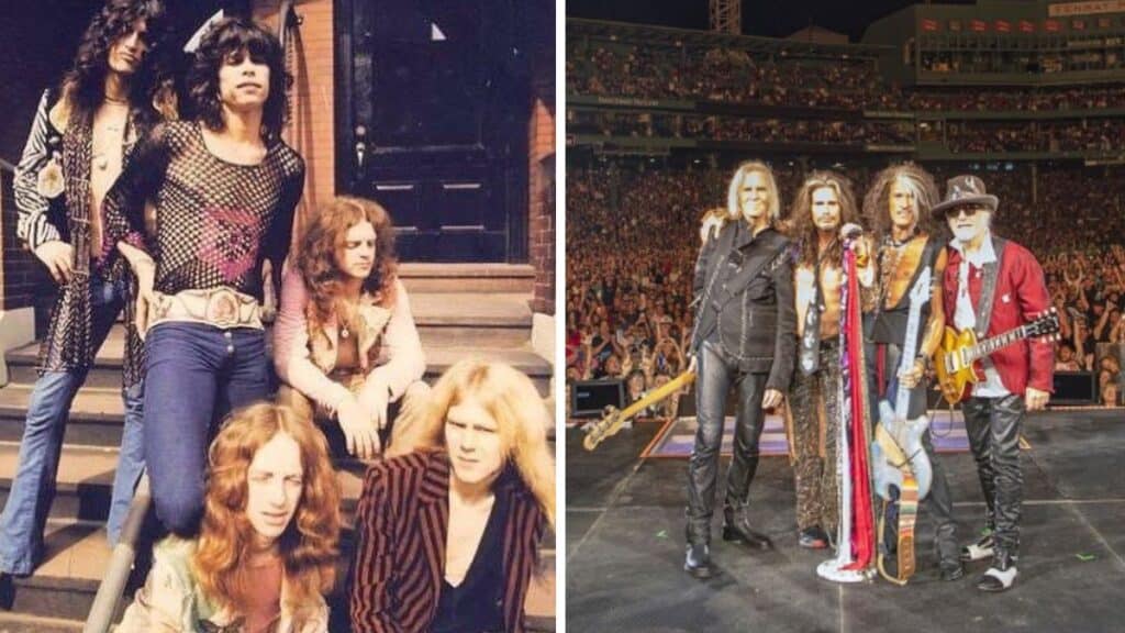 Aerosmith early days (L), Aerosmith in 2023 (R)