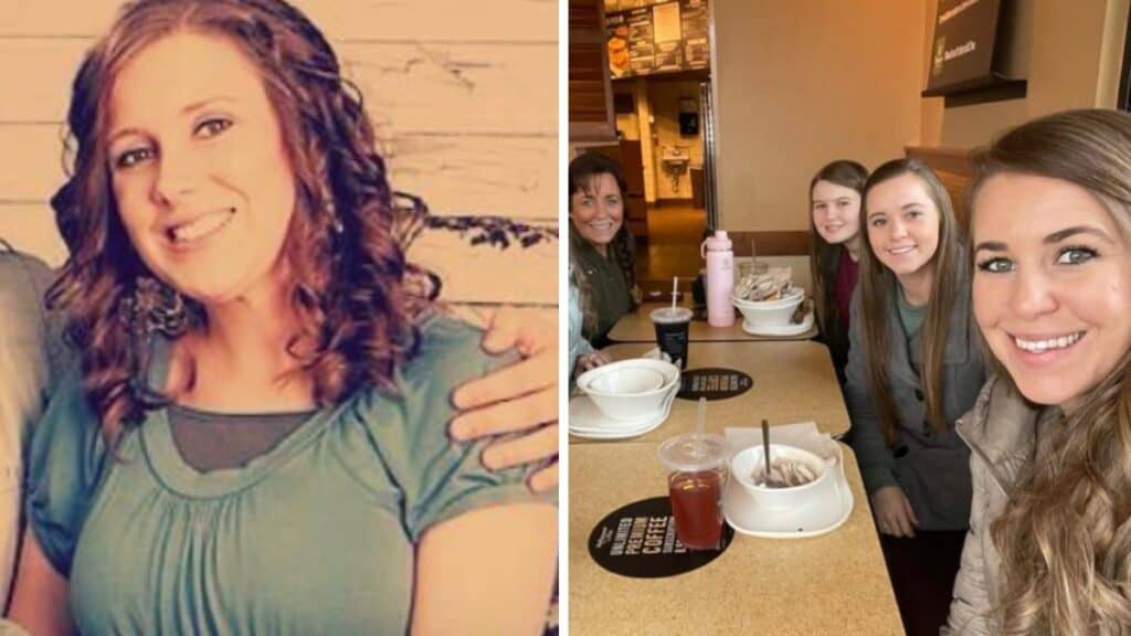 Anna Duggar (L), Michelle Duggar and Jana Duggar with younger Duggar sisters (R)