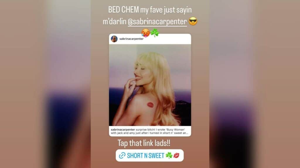 Barry Keoghan's Instagram Story About Sabrina Carpenter's "Bed Chem"