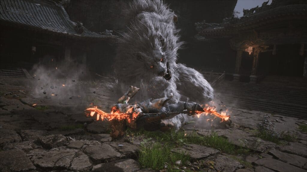 The player fights a wolflike beasts in Black Myth: Wukong