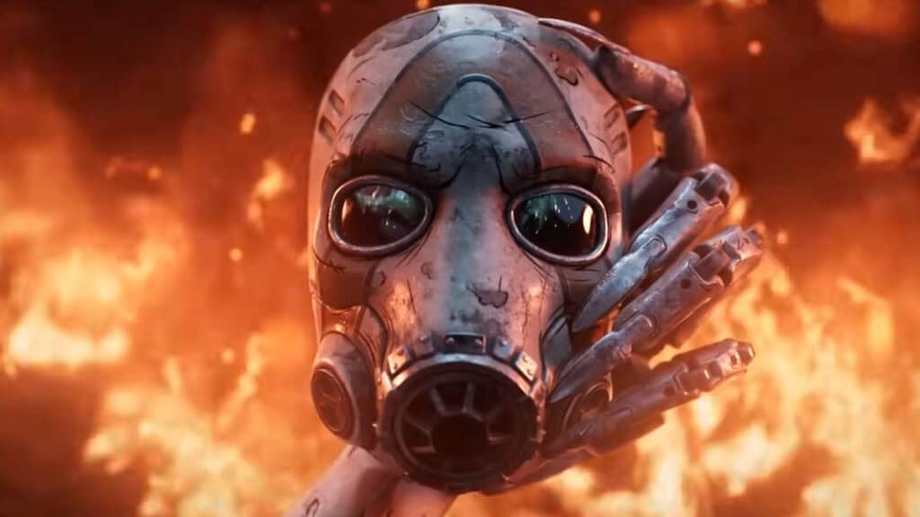 An image of a burning Psycho's mask from the Borderlands 4 Reveal Trailer.