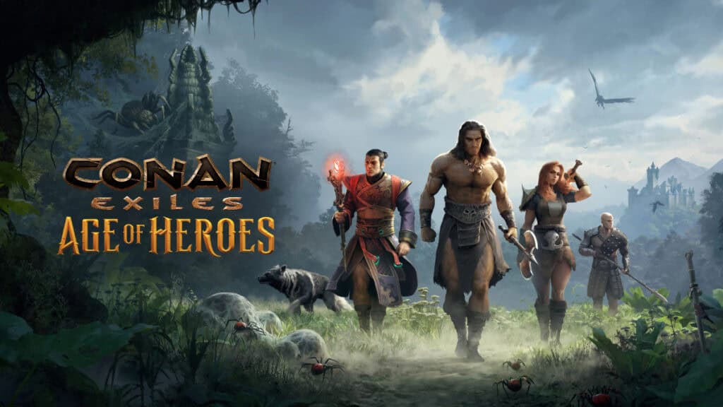 Characters from Conan Exiles Age of Heroes stride through a field