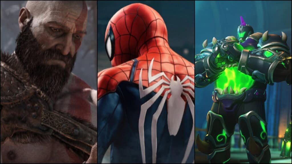 Kratos, Spiderman, and two characters from Overwatch 2 form a collage