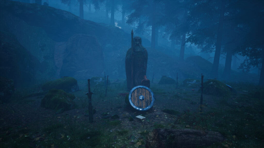 A Nordic statue stands in the forest in Nowhere