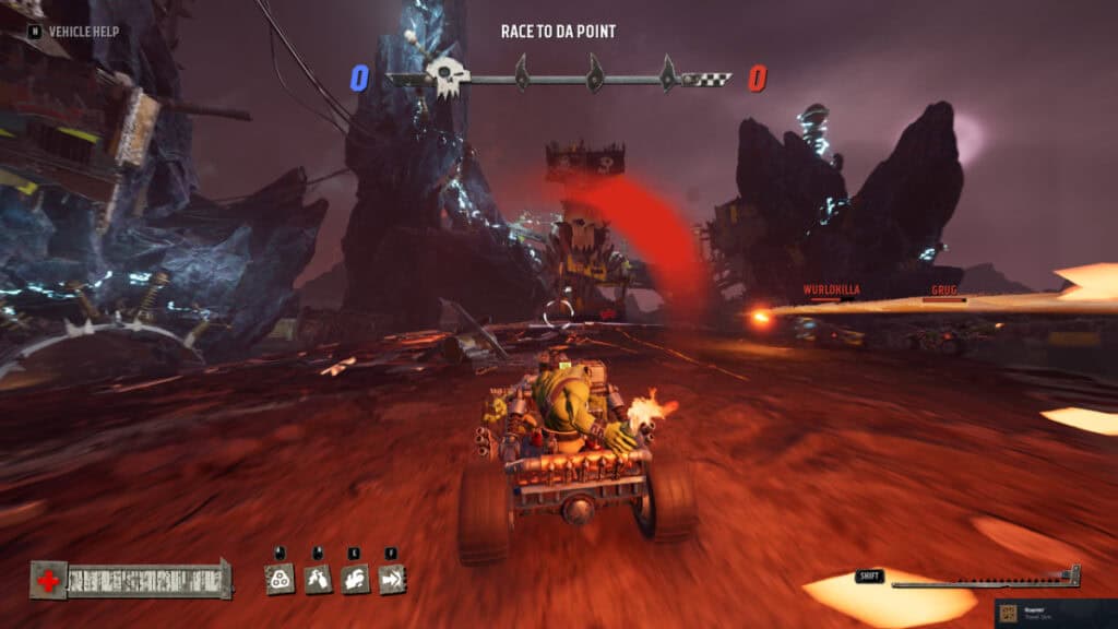 Enemy vehicles shoot at the player's car in Warhammer 40,000: Speed Freeks