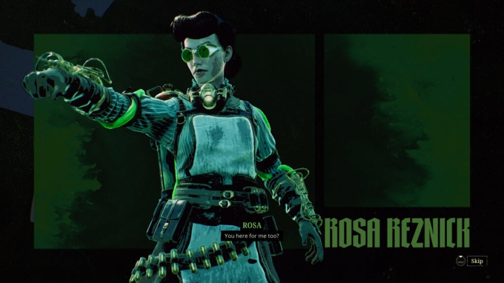 Rosa extends her arm, brandishing a weapon