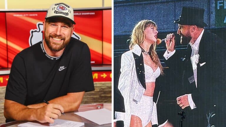 Travis Kelce (L), Travis Kelce on stage with Taylor Swift (R)