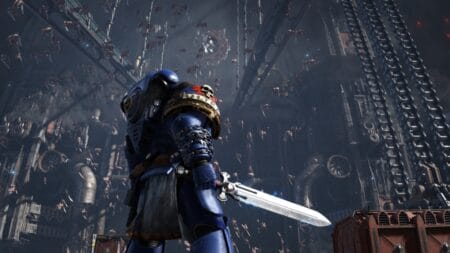 Titus gazes up at an ornate cathedral in Warhammer 40,000: Space Marine 2