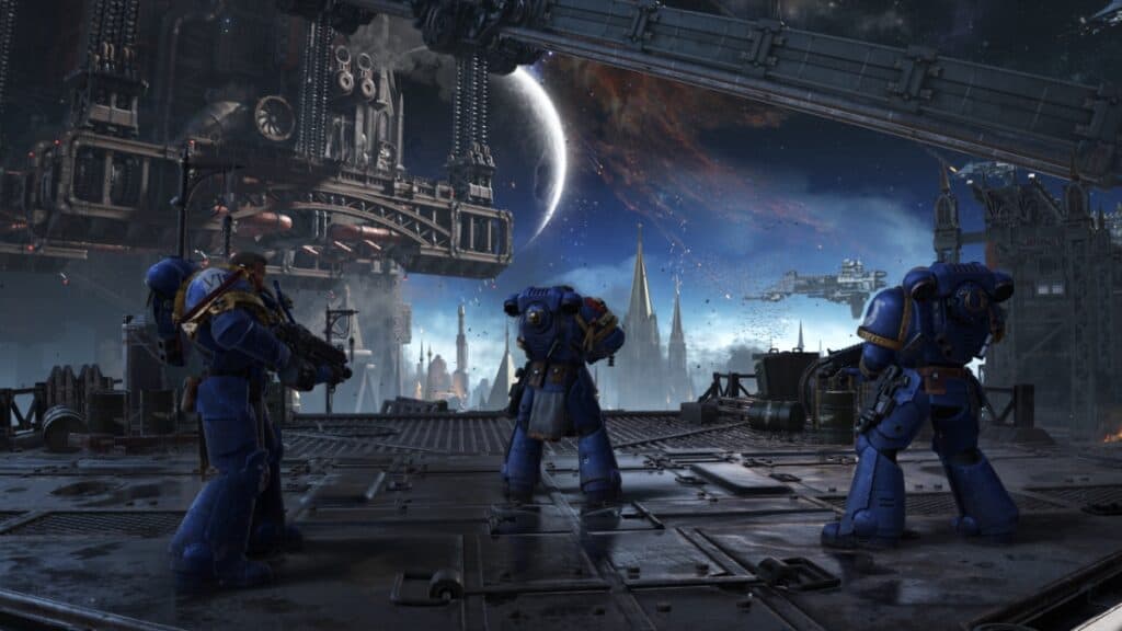 Several Space Marines look out into space