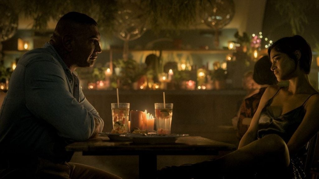 A shot of Dave Bautista and Sophia Boutella from The Killer's Game