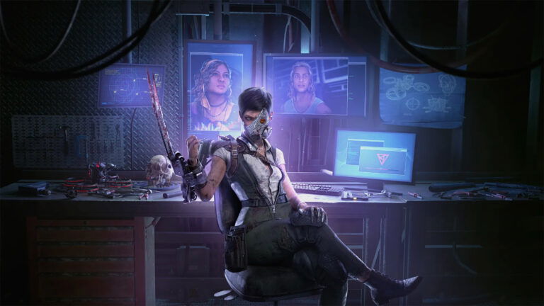 The Skull Merchant sits menacingly in front of some computer monitors in key art for Dead by Daylight