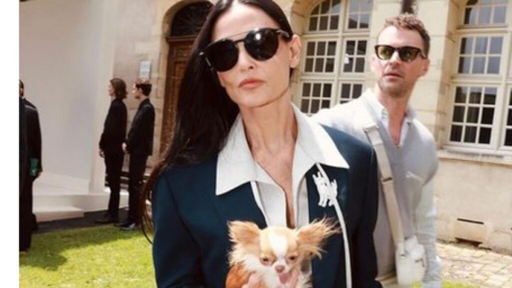 Demi Moore attends a fashion show carrying Pilaf, one of her many dogs.