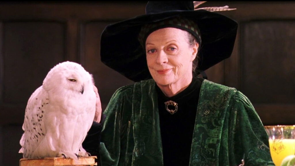 Maggie Smith with an owl in Harry Potter