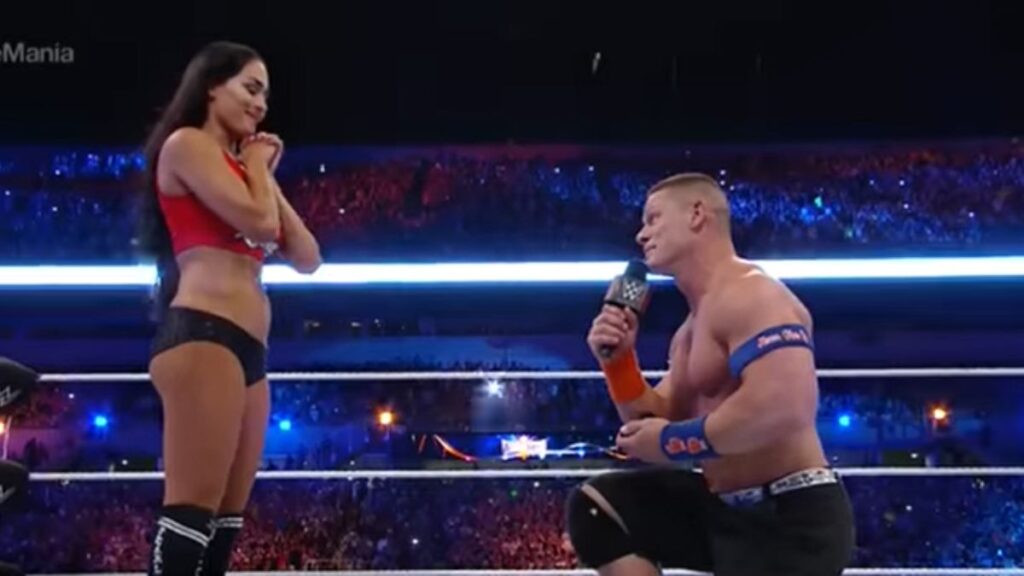 John Cena proposes to Nikki Garcia after their match at WrestleMania 33.