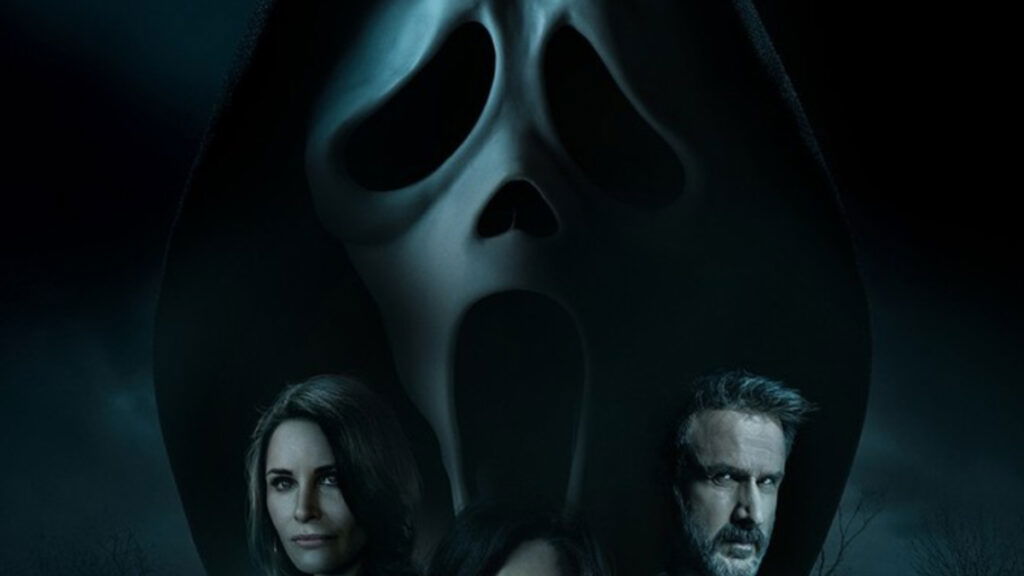 A close-up of Ghostface's mask and two characters from the film