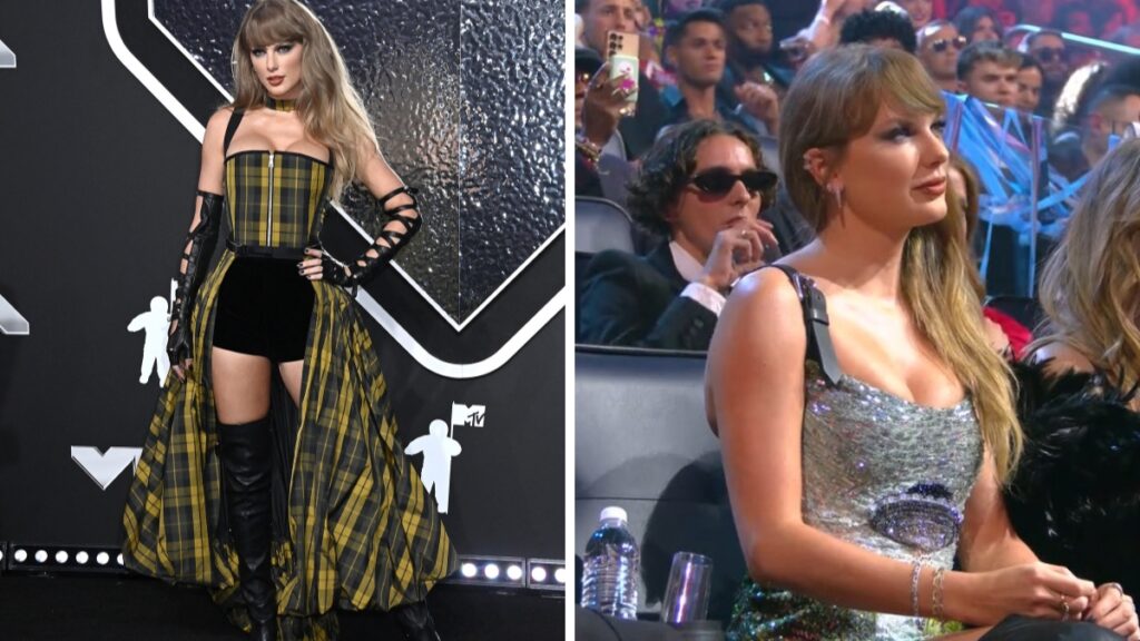 Taylor Swift at the 2024 Video Music Awards in her first outfit (L), and second (R)