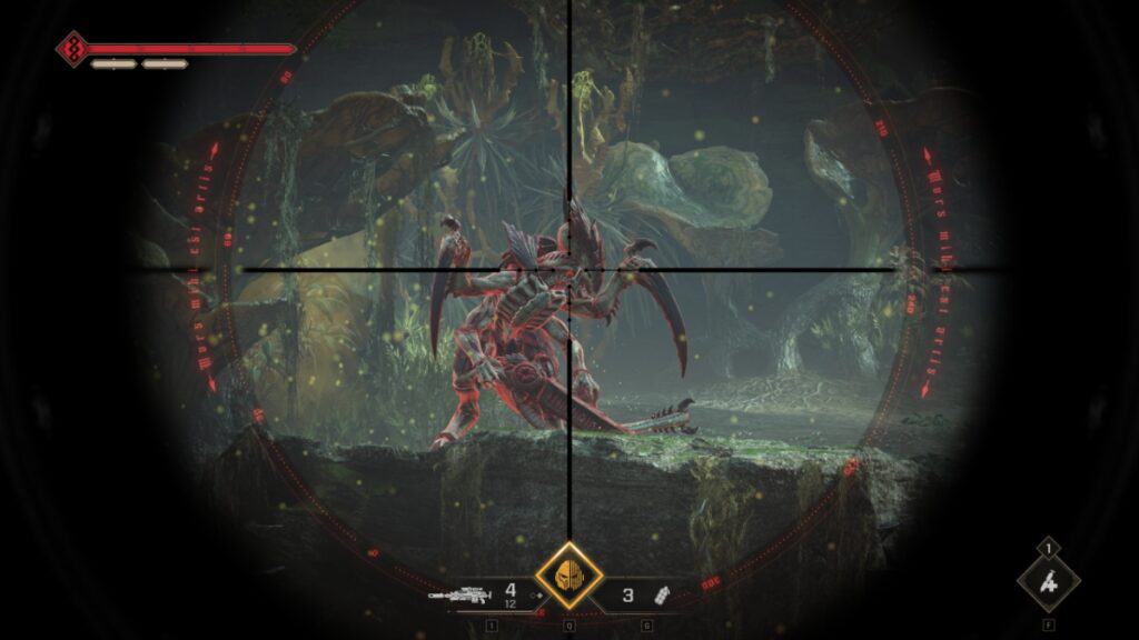 A large Tyranid in the player's crosshair in Warhammer 40000 Space Marine 2