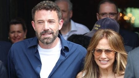 Ben Affleck and Jennifer Lopez smiling.