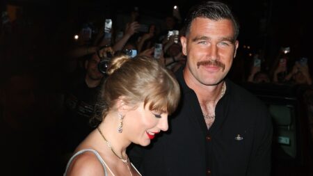 Taylor Swift and Travis Kelce cause fan frenzy leaving Karen Elson’s star-studded wedding at Electric Lady Studios in NYC.