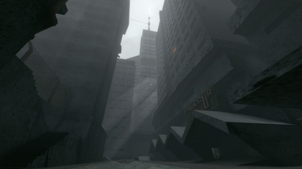 A view of an intimidating gray city from Babbdi, one of the best free horror games on Steam