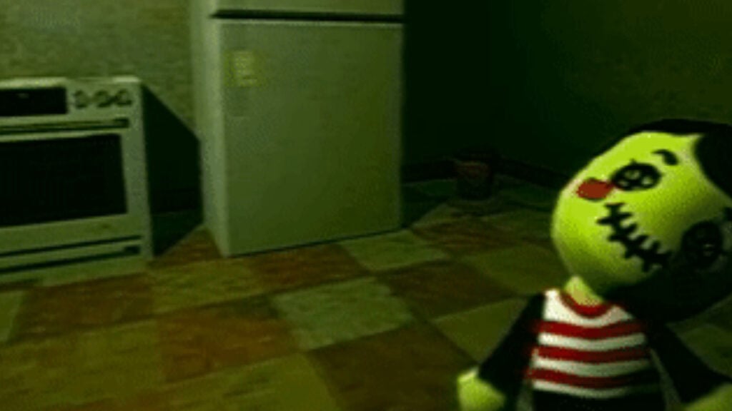 Grainy VHS-style footage of the player carrying a doll in Bad Parenting