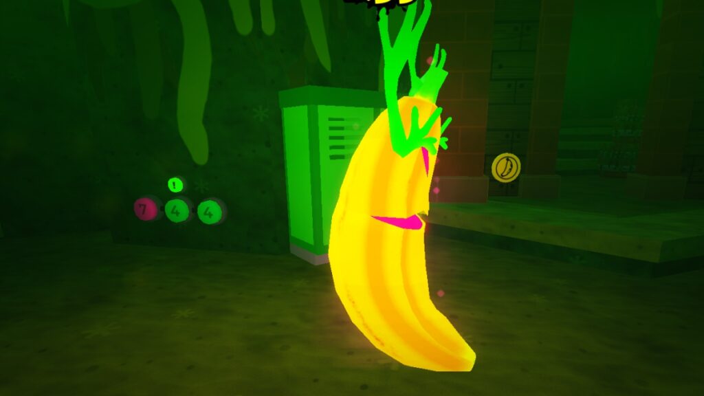 A banana hunts players during the Halloween event in Banana Eats Roblox