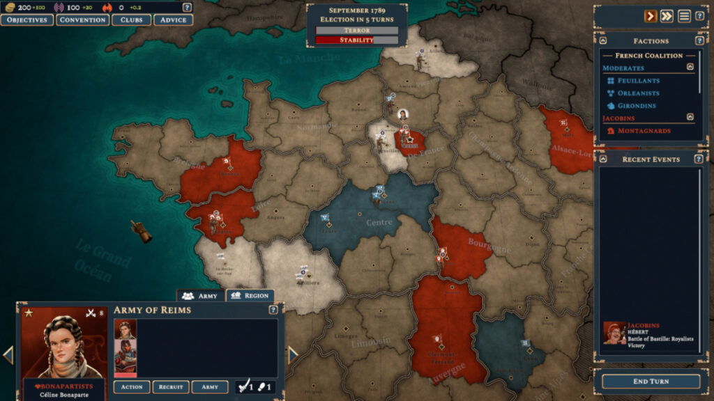 The strategic map showing various faction territories in Bonaparte: A Mechanized Revolution