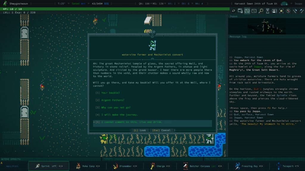 The player speaks with an NPC in the starting town of Joppa in Caves of Qud