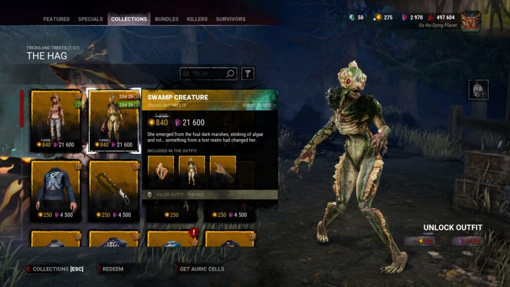 Hag wearing a Swamp Creature cosmetic that makes her look like the Creature from the Black Lagoon in Dead by Daylight