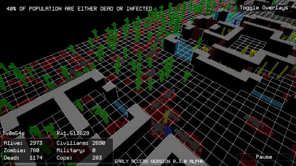 An isometric view of a city showing tallies for the living and dead in DeadO, one of the best underrated zombie games