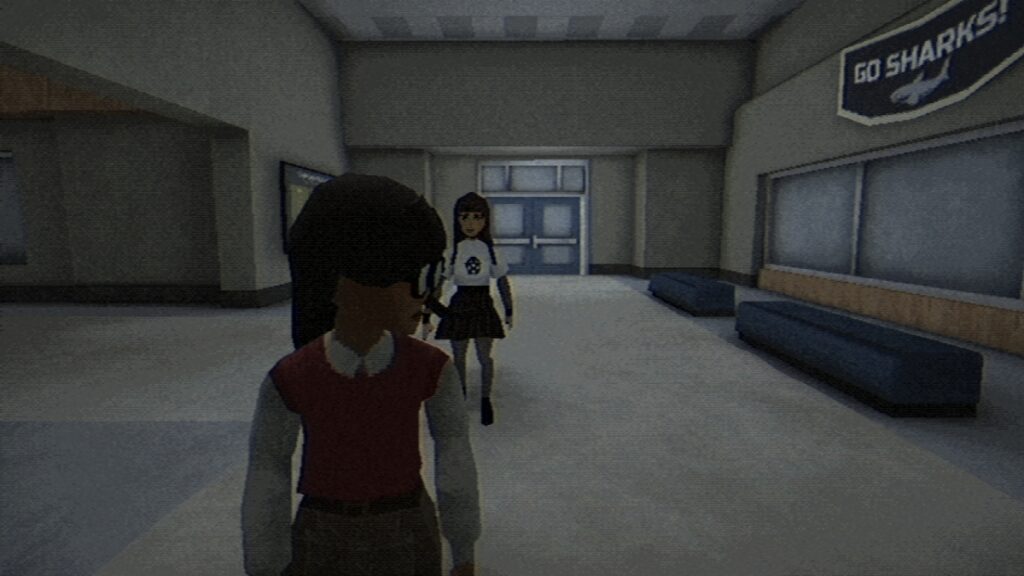 Amy and Vivian walk down a school hallway