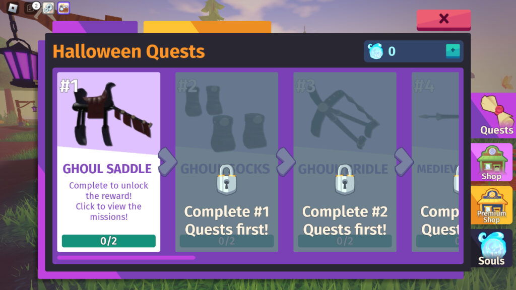 A menu showing the Halloween quests in Horse Life