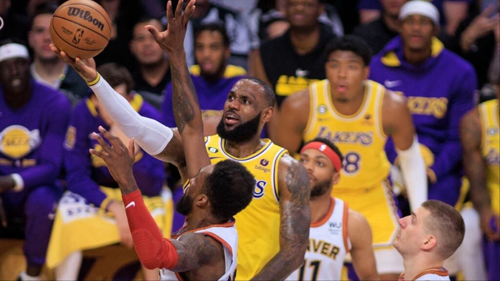 LeBron James storms to the rim in game four vs. the Denver Nuggets