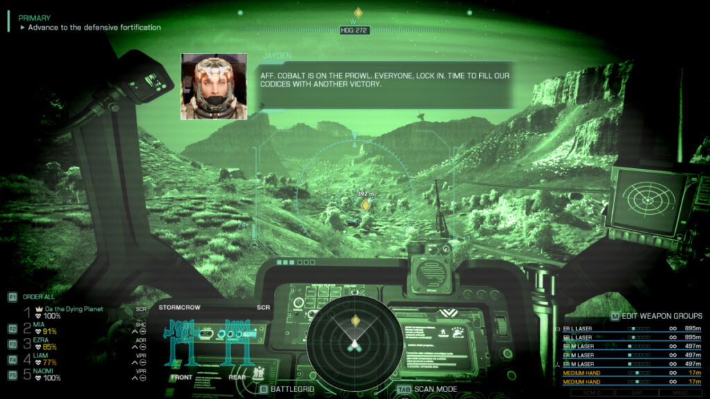 A night vision view of the battlefield in MechWarrior 5: Clans