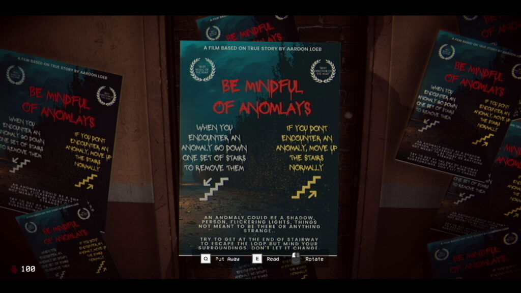 The player examines a flyer containing directions in PT 7 - The Stairway, one of the best horror games on Itch.io