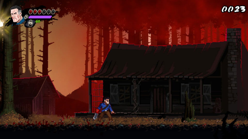 Ash approaches a dark cabin in the woods