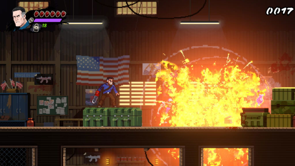 An explosion goes off while Ash stands in front of an American flag in RetroRealms Ash vs. Evil Dead