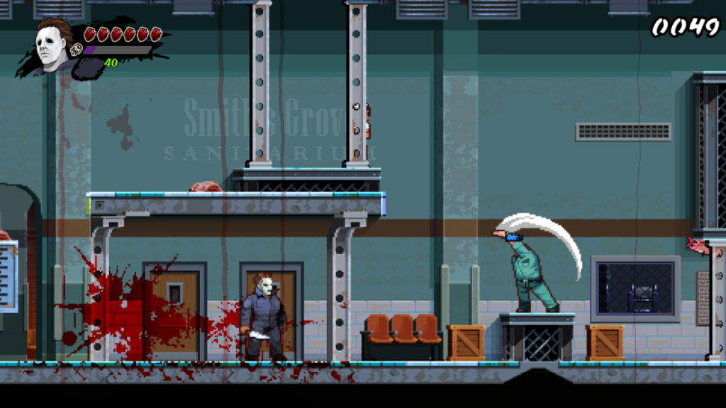 Myers, surrounded by blood, confronts a guard in RetroRealms