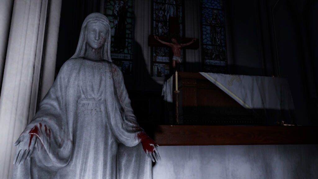 A bloody statue of a woman in The Exorcist Legion VR, one of the best exorcism games