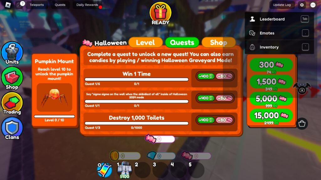 The Halloween quest list in Roblox Toilet Tower Defense