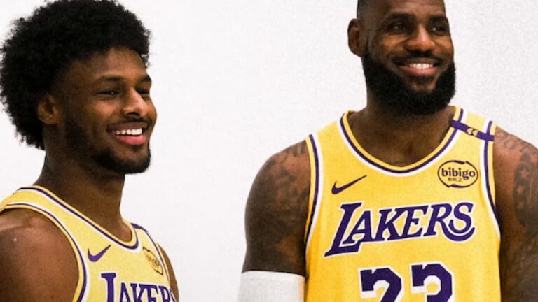 LeBron James and Bronny James Jr smiling in Lakers jerseys.